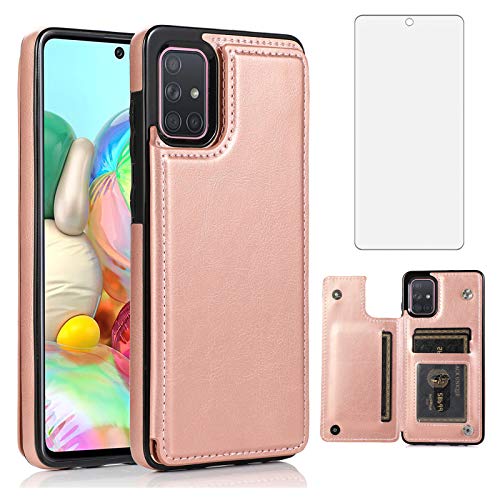 Asuwish Compatible with Samsung Galaxy A71 5G Wallet Case and Tempered Glass Screen Protector Card Holder Stand Flip Cell Accessories Phone Cases for Glaxay A 71 G5 Gaxaly 71A S71 Women Men Rose Gold