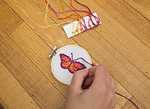 Image of Kikkerland DIY Mini Cross Stitch Butterfly Embroidery Craft Starter Kit Set, with Pattern Instructions, 3 inch Bamboo Hoop, Stress Relief, Adult Beginner Friendly