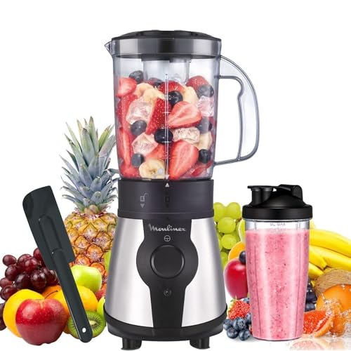Moulinex Blend & Go, Batidora de vaso de 300 W, Jarra de 1,3 L, 4 cuchillas extraíbles, Acabado acero inoxidable, Piezas aptas para lavavajillas, Botella de plástico de 750 ml + Espátula, LM1B1DES