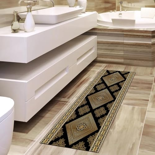 Alfombra pasillo abstracta amarilla y negra lavable de poliéster 4