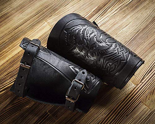 Hand Made Full Grain Leather Wolf Design Cuffs Bracers - Best Unique Christmas Gift for Men Larp Gauntlet - Leather Wristbands - LARP Accessories - Viking Bracers - Archery Armguard - Length 6"
