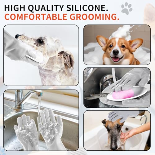 AOZUO Haustier Grooming Handschuhe, Waschhandschuhe für Hunde und Katzen, Fellpflegehandschuhe Silikon, hitzebeständige Badehandschuhe für Haustiere zum Massieren, Schrubben und Haarentfernen (Grau)