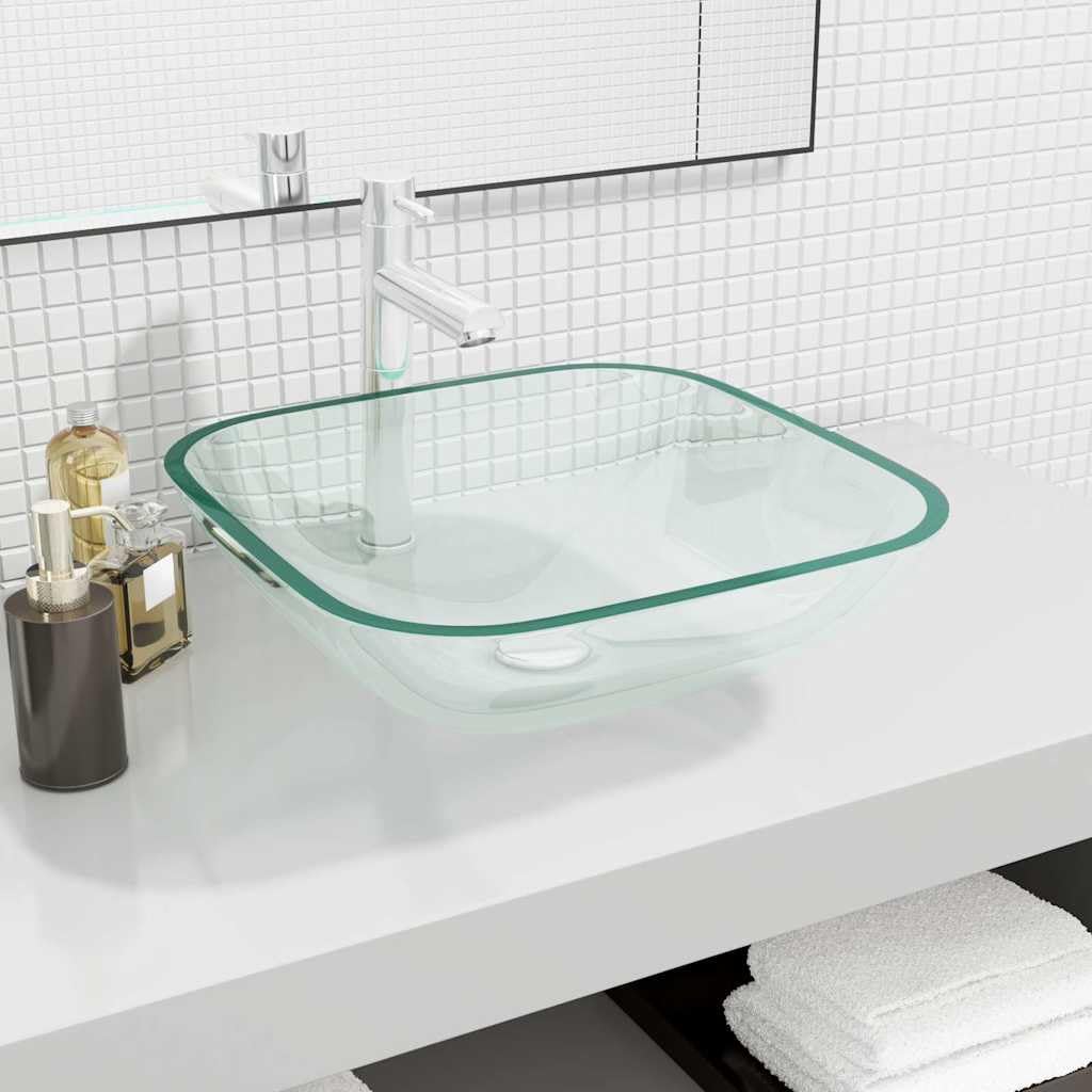 Lavabo de cristal transparente 42 x 42 x 14 cm para baño, diseño sobre