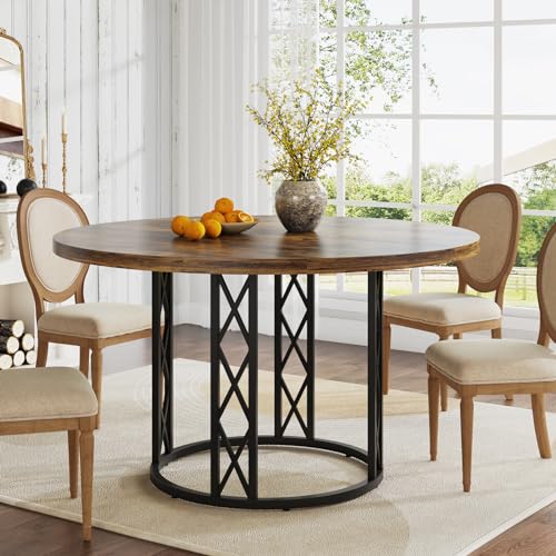 LITTLE-TREE-47-inch-Rustic-Round-Dining-Table-Farmhouse-Kitchen-Table-Dinner-Table-with-Metal-Base-for-Dining-Room-Kitchen-Living-Room LITTLE TREE 47 inch Rustic Round Dining Table Farmhouse Kitchen Table Dinner Table with Metal Base for Dining Room Kitchen Living Room