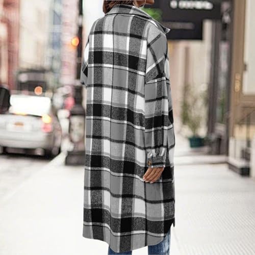 Plaid Shacket for Women Drop Shoulder Long Jacket Trendy Color Block Lapel Double Breasted Long Sleeve Shirt Jackets3