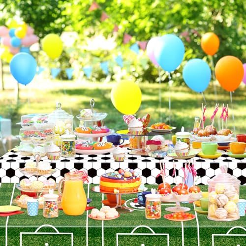 Image of WNINK 2 Pack Plastic Tablecloth - Soccer Party Decorations - Disposable Rectangle Table Cover - Grass Pattern - for Soccer Theme Birthday Party - 54 x 108 Inch
