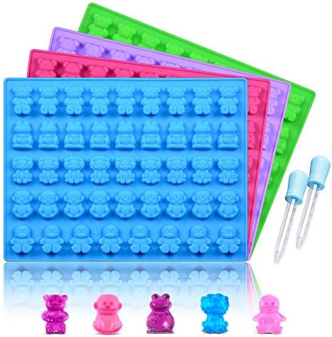 Silicone Candy Gummy Bear Molds - Chocolate Molds Including Bears, Frogs, Lions, Monkeys, Penguins Gummie Molds Premium Silicone BPA Free, Pinch Test Approved Pack of 4 with 2 Droppers
