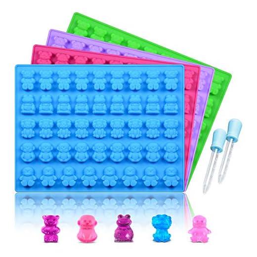 Silicone Candy Gummy Bear Molds - Chocolate Molds Including Bears, Frogs, Lions, Monkeys, Penguins Gummie Molds Premium Silicone BPA Free, Pinch Test Approved Pack of 4 with 2 Droppers
