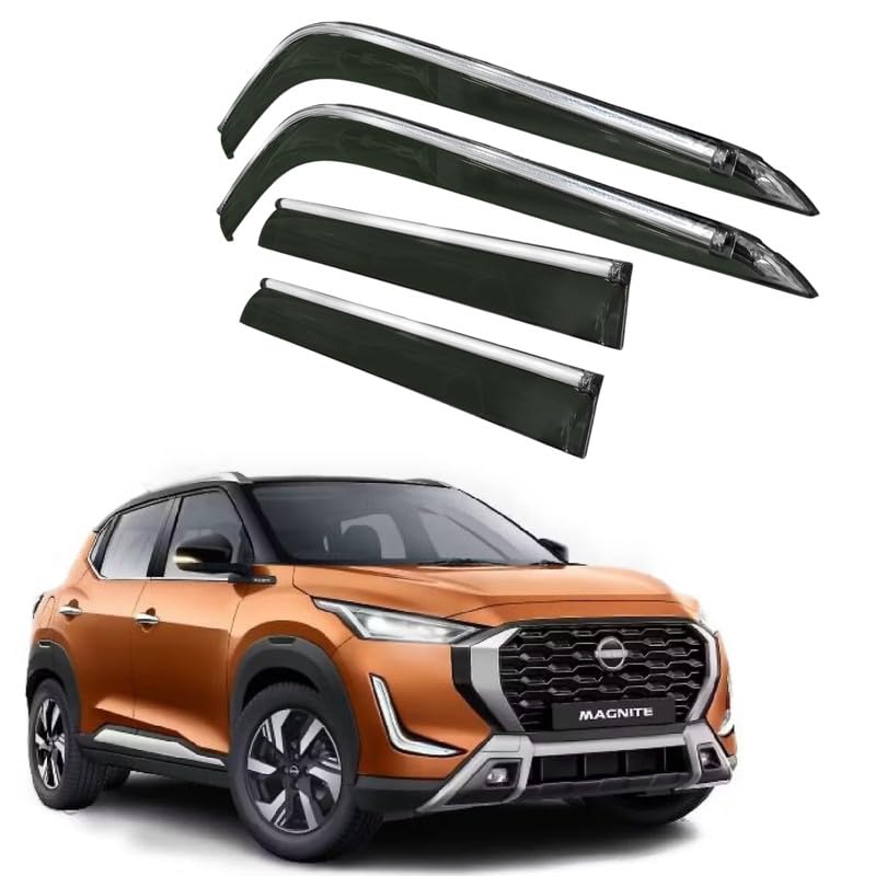 Image of CAR SAAZ Side Door Visors for Magnite (2020-Present)(Set of 4Pcs)|Chrome Lined Rain Guards, Polycarbonate, Smoke Finish