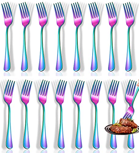 Forks,Rainbow Forks,Set of 16 Top Food Grade Stainless Steel Forks Silverware Set, Table Forks, Flatware Forks,8 Inches, Mirror Polished & Dishwasher Safe, New Apartment Essentials