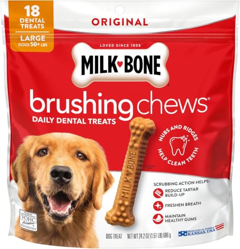 Image of Milk-Bone Brushing Chews Original Chicken Flavor Daily Dental Dog Treats, Large, 24.2 Oz. Bag 18 Count (Pack of 5)