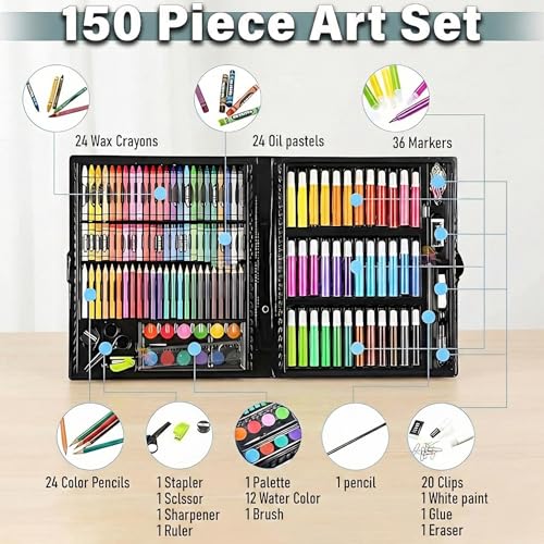 Image of 150 Piece Art Set for Kids - Complete Drawing & Painting Kit with Crayons, Colored Pencils, Watercolors & Markers - Portable Art Supplies Organizer Case
