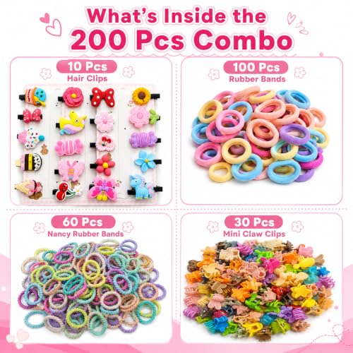 Image of 200 Pcs Hair Accessories for Kids Girls | Cute Baby Hair Clips, Rubber Bands, Nancy Bands & Mini Claw Clips Combo | Hair Accessories for Baby Girl | Kids Hair Clips Set | Mixed Designs