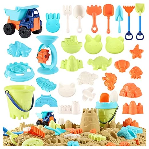 Beach Sand Toys For Kids - 31 PCS Sand Castle Toys for Beach, Snow Toys Sandbox Toys with Truck, Water Wheel, Sand Bucket with Sifter, Shovels, Rakes, Animal Castle Molds in Mesh Bag,Kids Outdoor Toys
