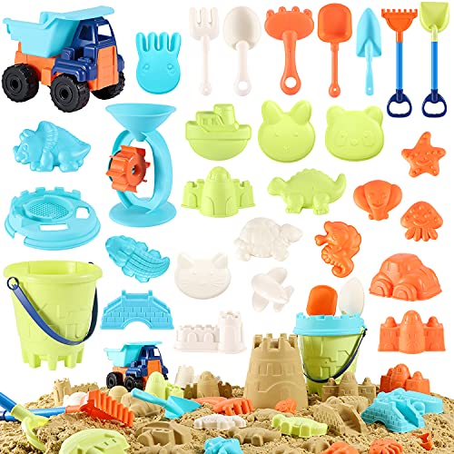 Beach Sand Toys For Kids - 31 PCS Sand Castle Toys for Beach, Snow Toys Sandbox Toys with Truck, Water Wheel, Sand Bucket with Sifter, Shovels, Rakes, Animal Castle Molds in Mesh Bag,Kids Outdoor Toys