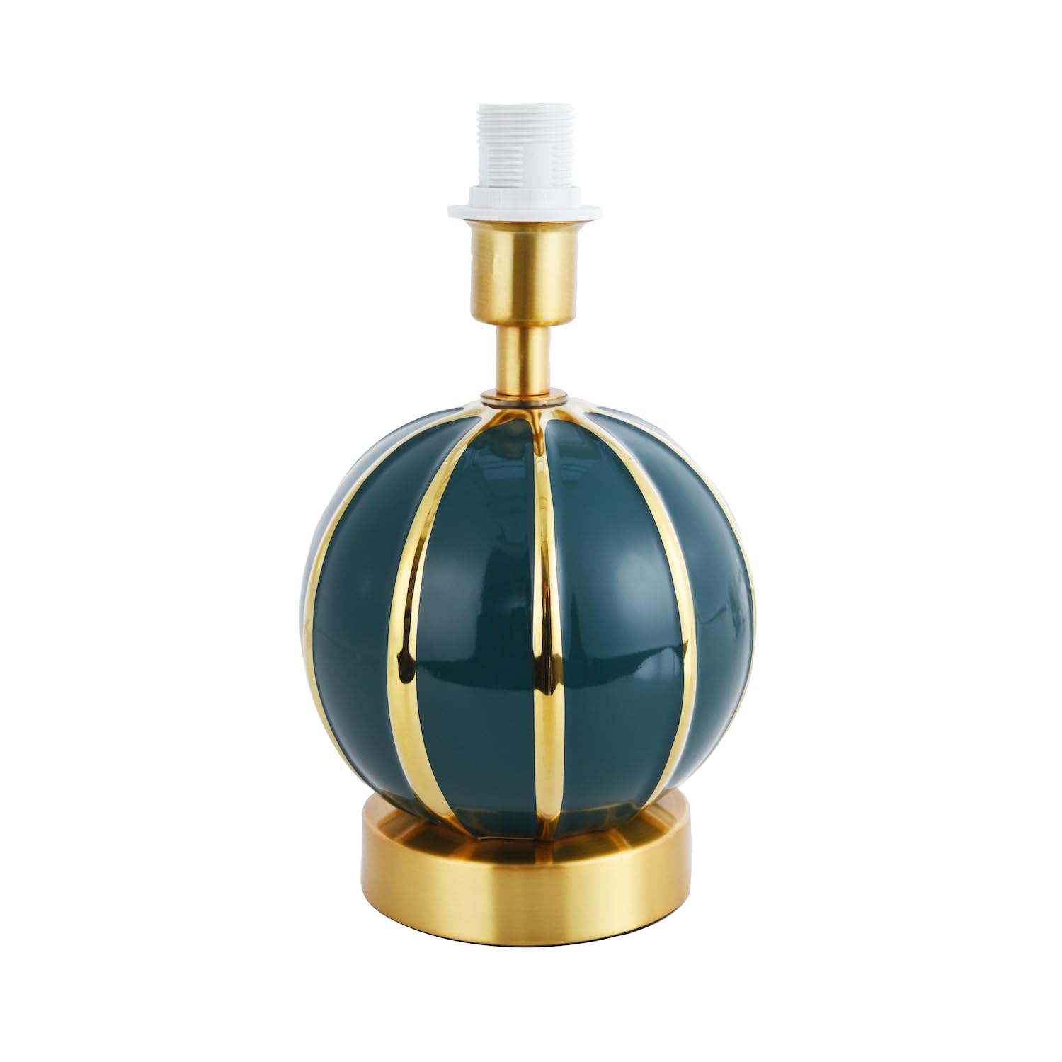 Happy Homewares Teal Traditional Classic Dark Gloss Spherical Ceramic Table Lamp With Polished Gold Stripes | X 14Cm | Inline Switch On Clear Cable By 24Cm
