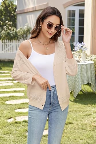 Women's Lightweight Cardigan Sweaters 3/4 Sleeve V Neck Button Down Hollowed-Out Trendy Cardigan Knit Shrugs Tops4