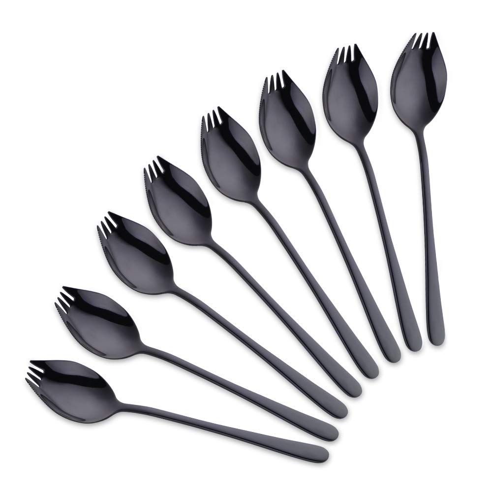 SBOMHS 8 Pieces (3 in 1) Spork Stainless Steel Knife Spoon Fork Set Camping Cutlery Set Black