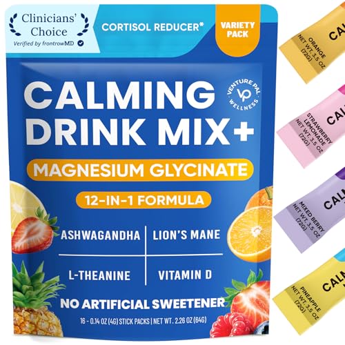 Venture Pal Calm Drink Mix, Cortisol Reducer and Sleep Aid with Magnesium Glycinate, Ashwagandha, L-Theanine,Vitamin D, Calm Magnesium Powder for Relax & Focus, No Sugar, Non GMO, Vegan & Gluten-Free