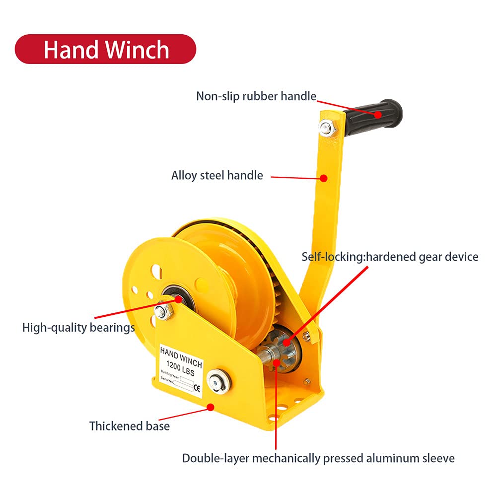 Seilwinde Handseilwinde mit Bremse zum Ziehen, 1200Lb Manuelle Winde mit Kabel und Kurbel Kleine Handwinde für AnhäNger LKW, Pkw, Selbstsichernde Vorrichtung, 10m