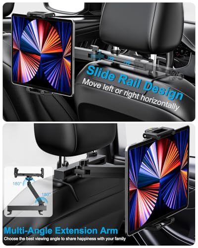 Dosvsi Car Back Seat Tablet Holder, [Thick Case Friendly] Car Headrest Tablet Mount Stand with Extension Arm, Road Trip Essentials for Kid, Fits iPad Pro 12.9 Air Mini, Tab, iPhone, 6.1-13\" Device - Thumbnail 4