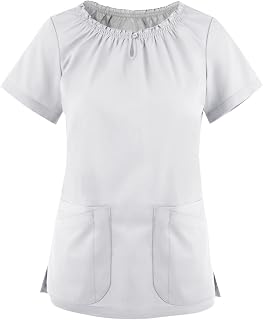 Ladies Casual Loose Solid Color Elastic Crew Neck Workwear Summer Short Sleeve Nurses Uniform with Pocket Clinic Carer Protective Clothing Top Lightweight Breathable Wrap Top T Shirts