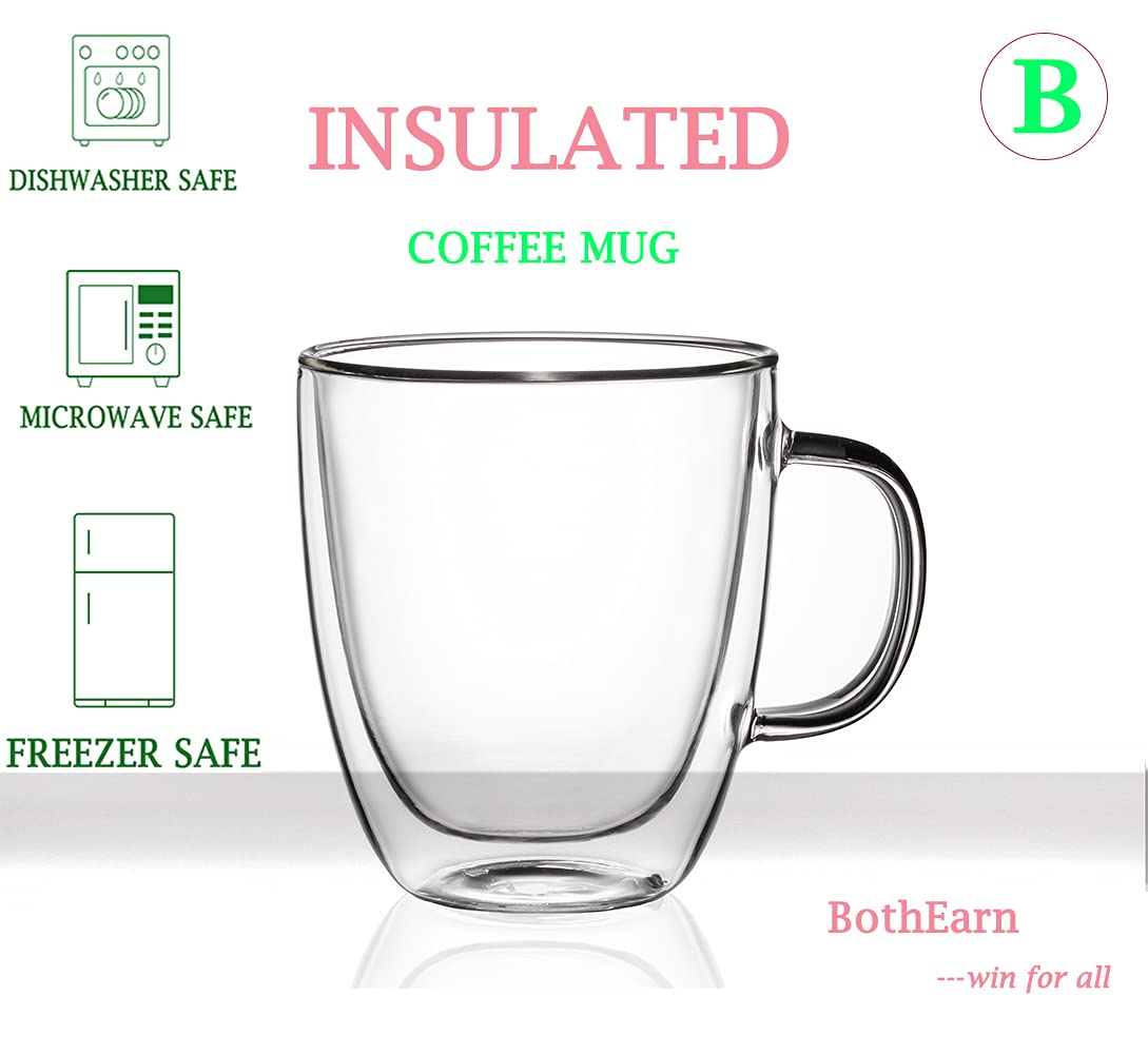 HYLYING Tazze da caffè in vetro a doppia parete, 400 ml, con manico, grandi tazze da caffè in vetro trasparente isolato, per latte, cappuccino, cioccolata calda e succo di frutta