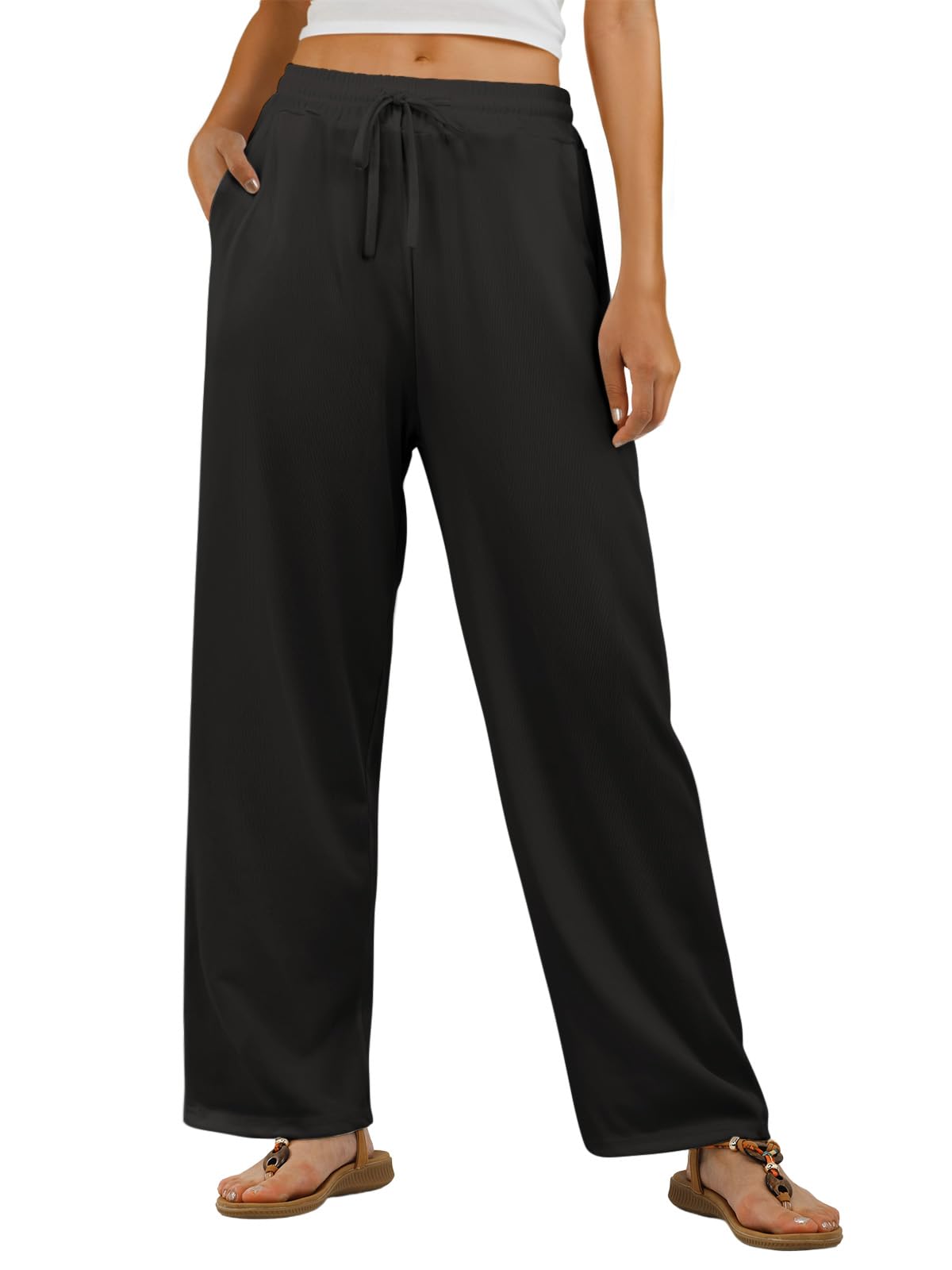 Feiersi Womens Wide Leg High Waisted Palazzo Pants Casual Stretchy Ribbed Trousers with Pockets