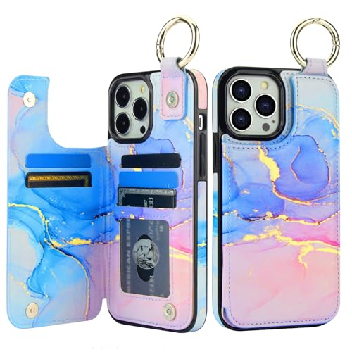 Image of HAOPINSH for iPhone 13 Pro Max Wallet Case with Card Holder, Pink Blue Marble Print Back Flip Folio PU Leather Kickstand Card Slots Case, Finger Grip Ring Double Magnetic Clasp Shockproof 6.7 inch