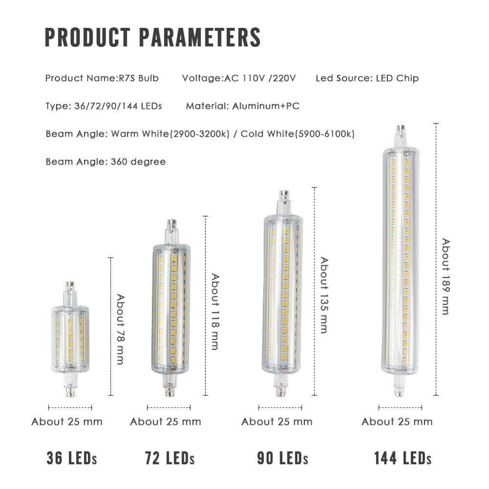 1fortunate Paquete de 10, lámpara Led de maíz R7S regulable AC220V 78mm/118mm/135mm/189mm bombilla de foco(Cold White,36LED 4W 78MM)