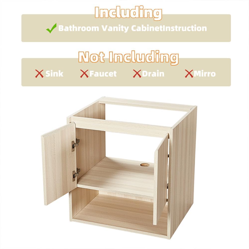 24" Wall-Mount Bathroom Vanity Cabinet Without Sink, Solid Wood Core with White Oak Finish, Floating Bathroom Base with Soft-Close Double Doors & Open Shelf Storage, 24" W x 19.7" D x 24.8" H