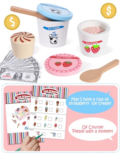 Wooden Ice Cream Toys Kids Kitchen Play Store for Toddlers Girls, Play Kitchen Accessories with Scoop & Menu & Fake Money, Wooden Toys for 3 4 5 Year Old Girls Boys Birthday