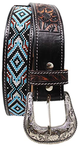 Western Antique Floral Tooled Beaded Full-Grain Leather Belt 26FK552