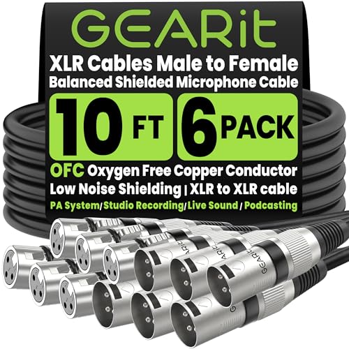 Image of GearIT XLR Male to Female Microphone Cable (10 Feet, 6-Pack) Mic Extension Cable - Black