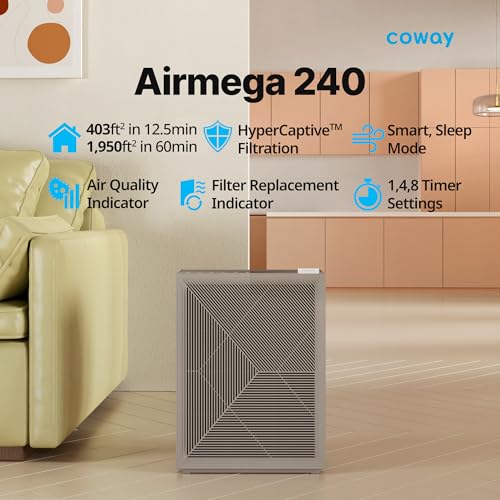 Coway Airmega 240 True HEPA Air Purifier with Air Quality Monitoring, Auto, and Filter Indicator, Warm Gray - Additional View