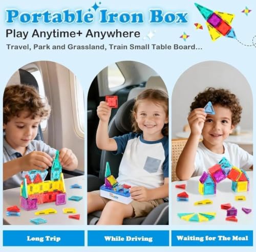 Image of Happy Hues 26 Pcs Mini Magnetic Tiles Travel Set- STEM Magnetic Building Blocks with Tin Storage Case, Safe BPA-Free Educational Toy for Toddlers & Kids Ages 3+