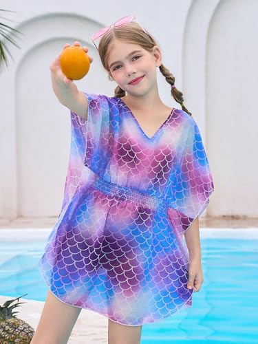 Image of Haloumoning Girls Chiffon Swim Beach Cover Up Kids Cute Elastic Waist Printed Bathing Suit Coverups 5-14 Years
