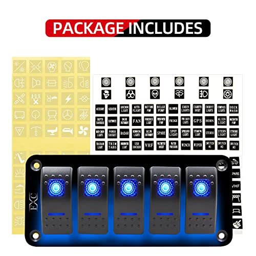 Fxc Rocker Switch Aluminum Panel 5 Gang Toggle Switches Dash 5 Pin On/Off 2 Led Backlit For Boat Car Marine Blue #TOP2