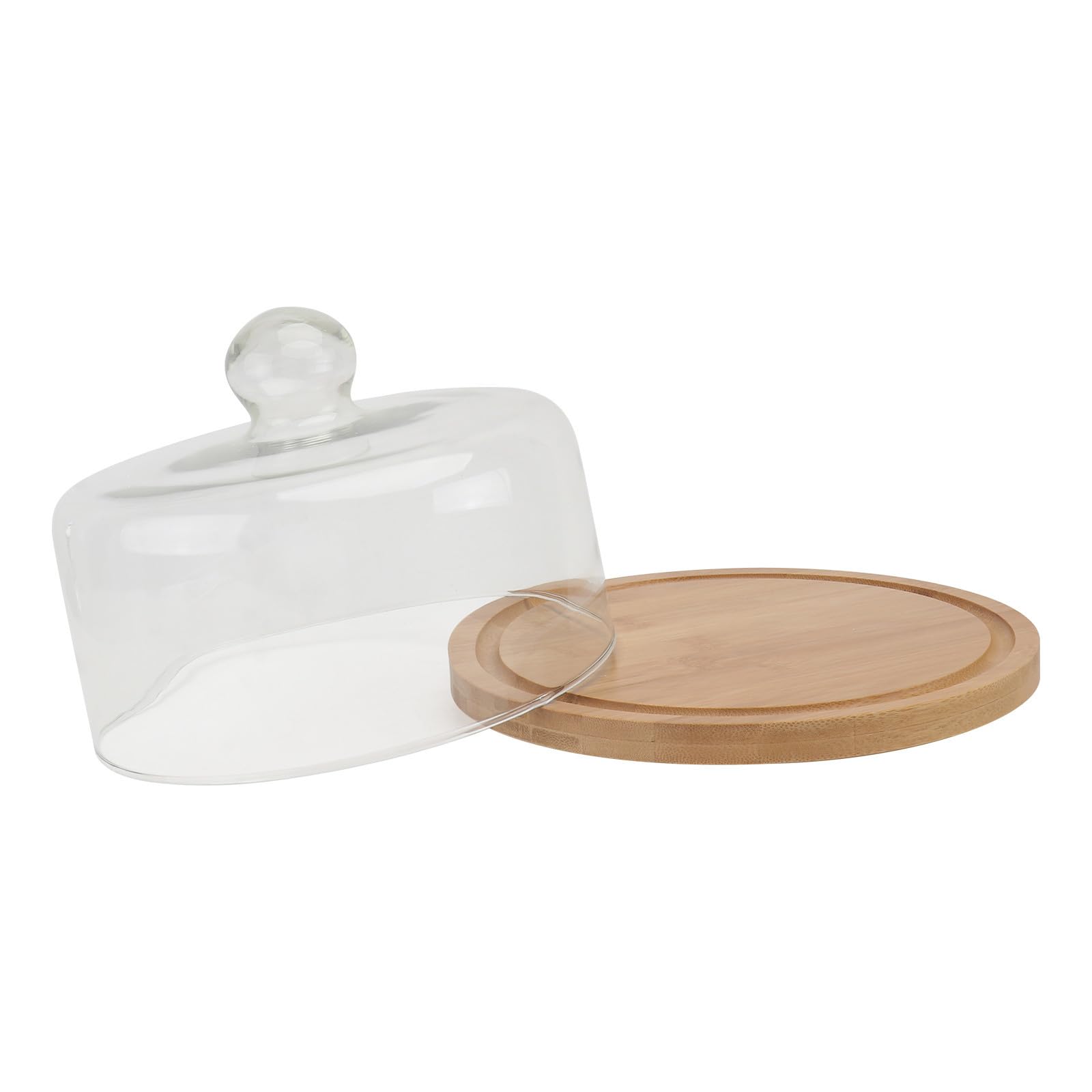 Zerodeko Set per Dolci Vassoio Girevole in Bamboo e Coperchio in Vetro Trasparente, per Mantenere Puliti Snack e Pasticceria in Occasione di Housewarming