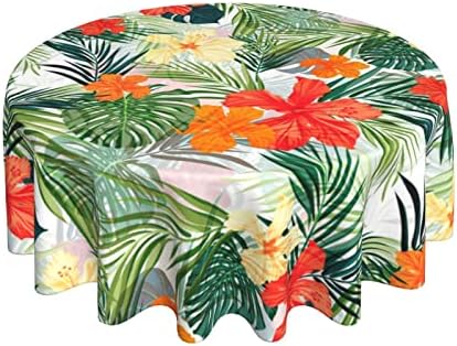 HHP Hawaiian Palm Tree Round Tablecloth Reusable Wipeable Waterproof Tropical Plants Hibiscus Flowers Diameter 60" Overlays Round Table Cloth for Family Dinners Patio Indoor Outside Events