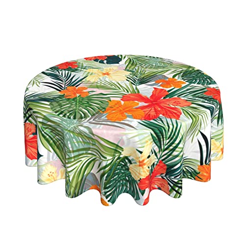 Hhp Hawaiian Palm Tree Round Tablecloth Reusable Wipeable Waterproof Tropical Plants Hibiscus Flowers Diameter 60" Overlays Round Table Cloth For Family Dinners Patio Indoor Outside Events #TOP3