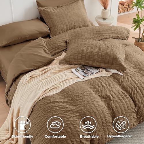 Image of HYMOKEGE Brown Full Size Comforter Sets Seersucker 7 Pieces, All Season Luxury Bed in a Bag for Bedroom, Bedding Set with Comforter, Sheets, Pillowcases & Shams