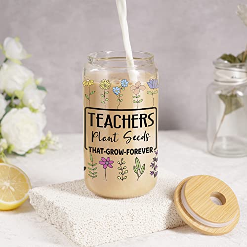 Coolife Teacher Floral Cup, 16 Oz Iced Coffee Cup, Can Shaped Drinking Glass W/Bamboo Lid Straw - Birthday, Teacher Appreciation Gifts For Women, Her - Aesthetic Glass Tumbler Cup For Coffee Smoothie #TOP2