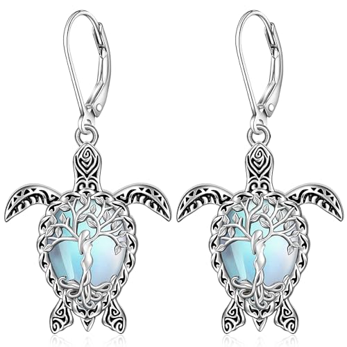 Sea Turtle Earrings for Women Moonstone Tree of Life Sea Turtle Gifts Earrings Sterling Silver Dangle Moonstone Leverback Hawaii Ocean Jewelry