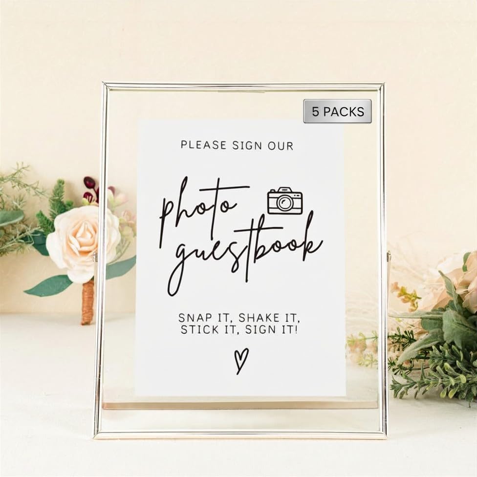 Image of Calculs 5-Pack Photo Guest Book Sign, 8x10 Silver Floating Picture Frame | Double glass metal frame, fits 6x8 insert, photo guest book station, reusable tabletop frame for signs and photos