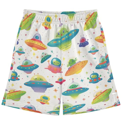 Boys Athletic Shorts with Pockets Cute Green Alien Running Basketball Shorts for Youth Elastic Waist Size 7-8