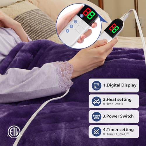 Image of MAXEVE Electric Heated Throw Rabbit Faux Fur Blanket with 8 Heating Levels & 8H Auto Off, Fast Heating Warm Cozy Sherpa Washable Electric Blanket with Over-Heat Protection, ETL Certification, Purple