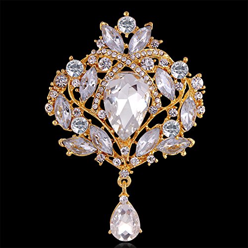 Broche feminino de casamento com strass e cristal grande da Reizteko, Gold-toned Crystal