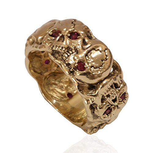 Masonic Memento Mori 10K Gold Skull Band Men’s Ring, Ruby Color Stones #TOP4