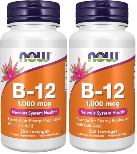 Image of NOW Foods Supplements, Vitamin B-12 1,000 mcg with Folic Acid, Nervous System Health*, 250 Chewable Lozenges, (Pack of 2)